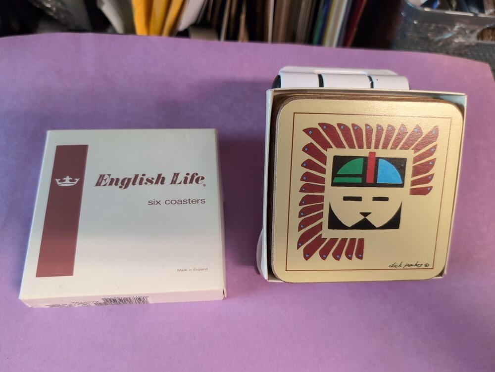 Vintage English Life Cork Coaster Set of 6 Sunface Kachina 4.25